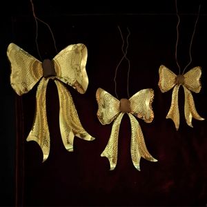 Lot of 3 Vintage 3D Gold Tin Hand Crafted Christmas Ornaments Mid-Late Century